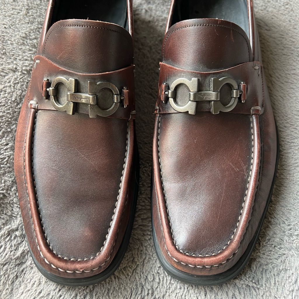 Salvatore Ferragamo Men's Italian Leather Brown Loafers With Gancini Buckle